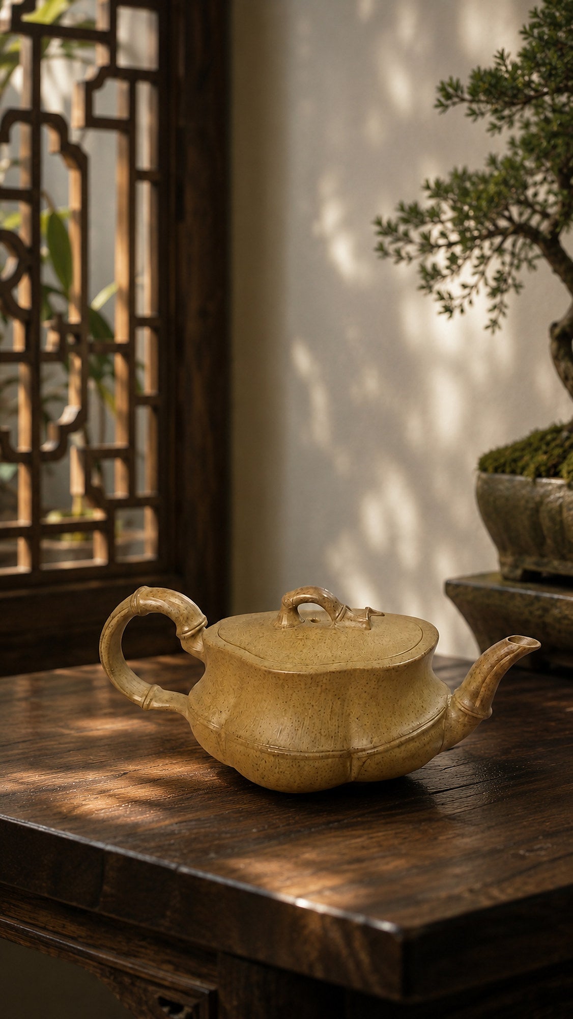 Bamboo Sculptural Form Yixing Zisha Teapot – Qing Duanni Clay, 60ml