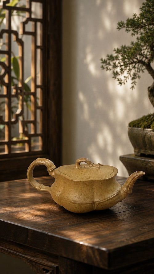 Bamboo Sculptural Form Yixing Zisha Teapot – Qing Duanni Clay, 60ml