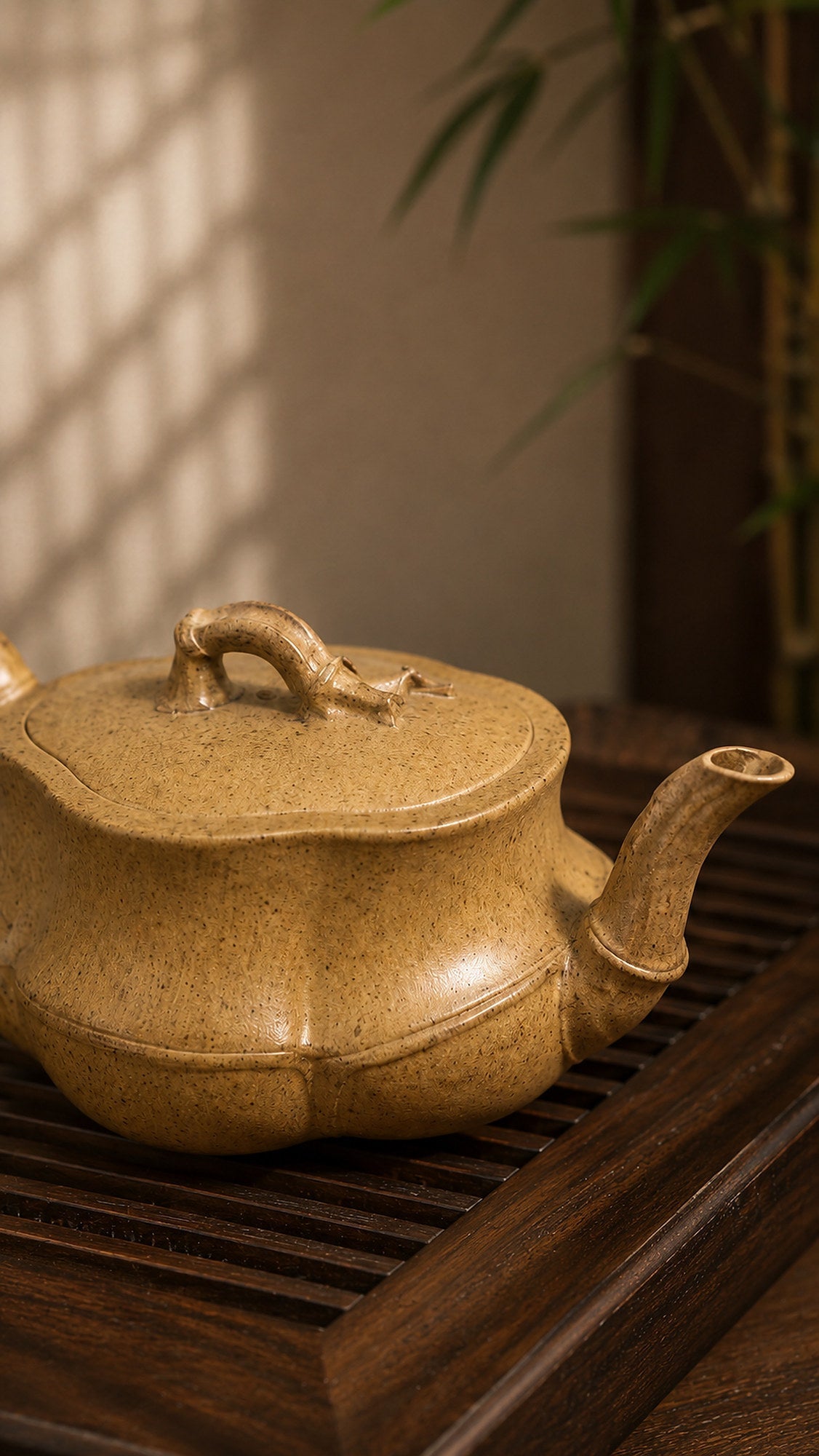 Bamboo Sculptural Form Yixing Zisha Teapot – Qing Duanni Clay, 60ml
