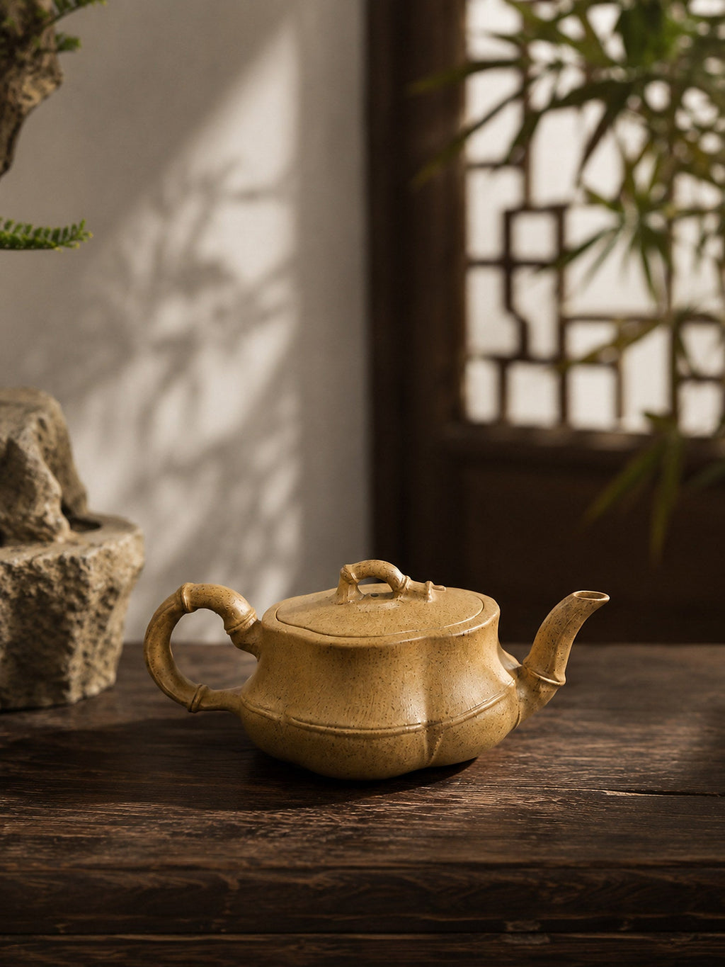 Bamboo Sculptural Form Yixing Zisha Teapot – Qing Duanni Clay, 60ml