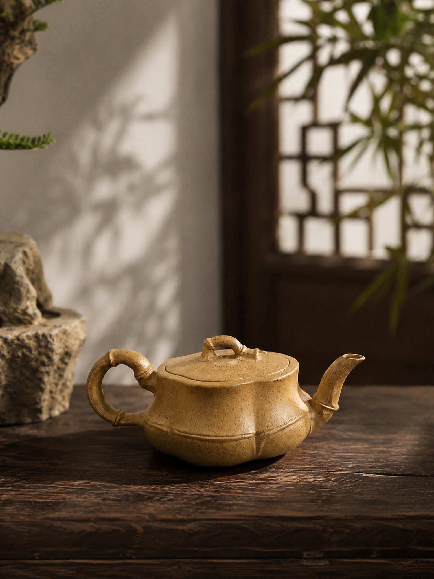 Bamboo Sculptural Form Yixing Zisha Teapot – Qing Duanni Clay, 60ml