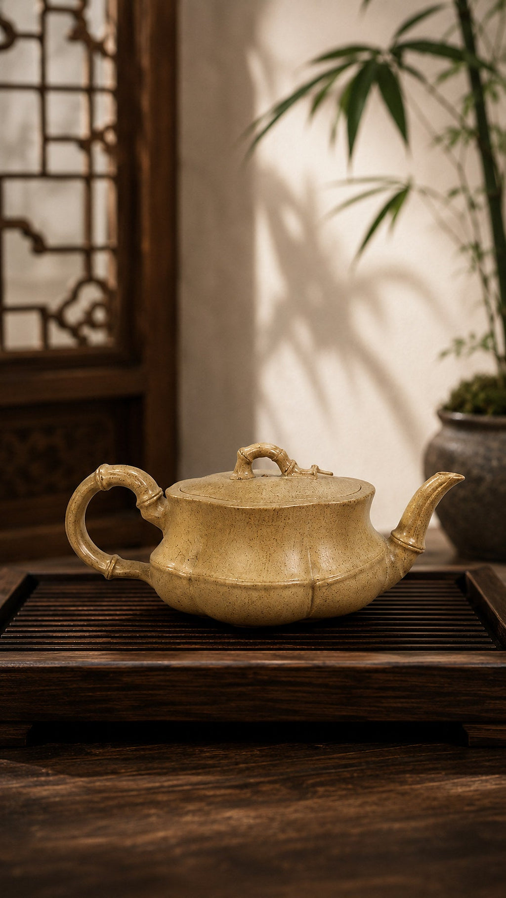Bamboo Sculptural Form Yixing Zisha Teapot – Qing Duanni Clay, 60ml