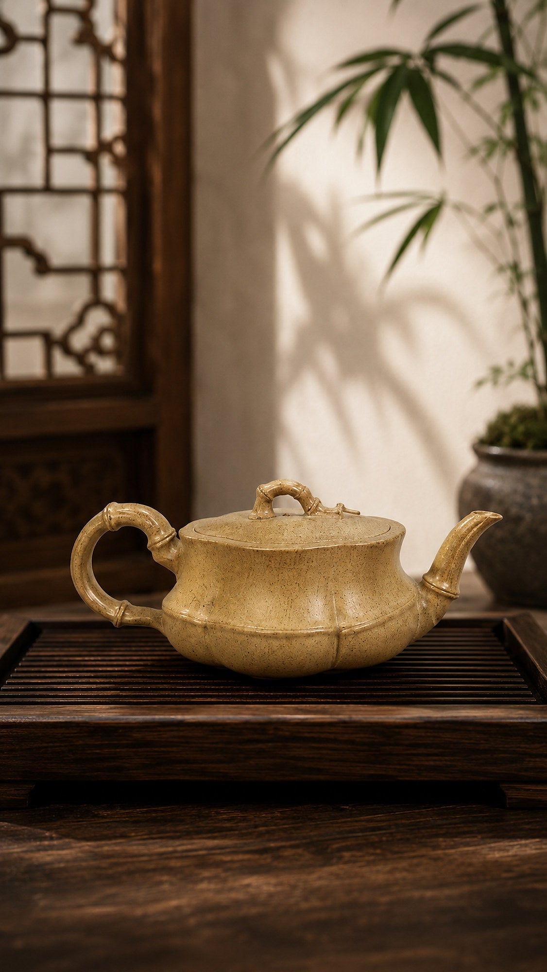 Bamboo Sculptural Form Yixing Zisha Teapot – Qing Duanni Clay, 60ml