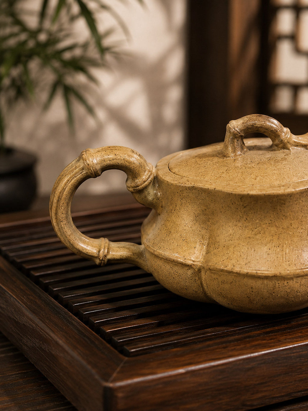 Bamboo Sculptural Form Yixing Zisha Teapot – Qing Duanni Clay, 60ml