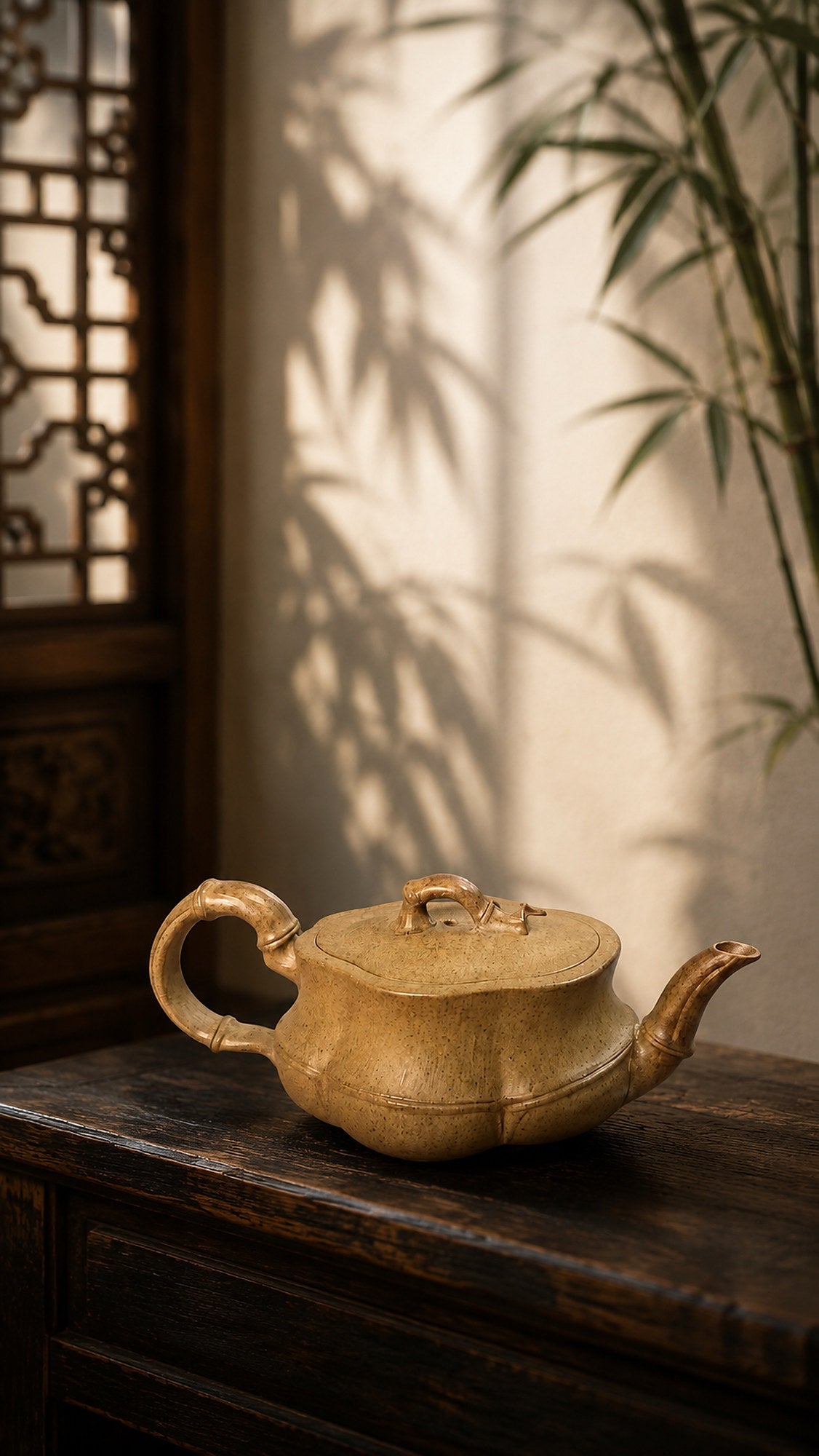 Bamboo Sculptural Form Yixing Zisha Teapot – Qing Duanni Clay, 60ml
