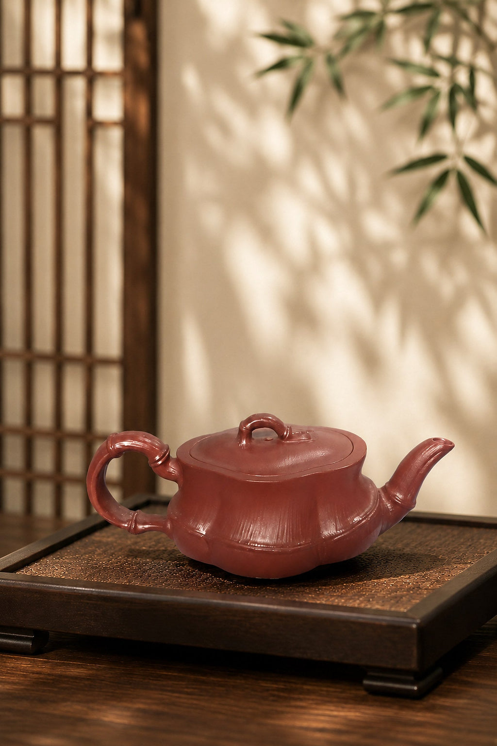 Bamboo Sculptural Form Yixing Zisha Teapot – Red Jiangponi Clay, 60ml