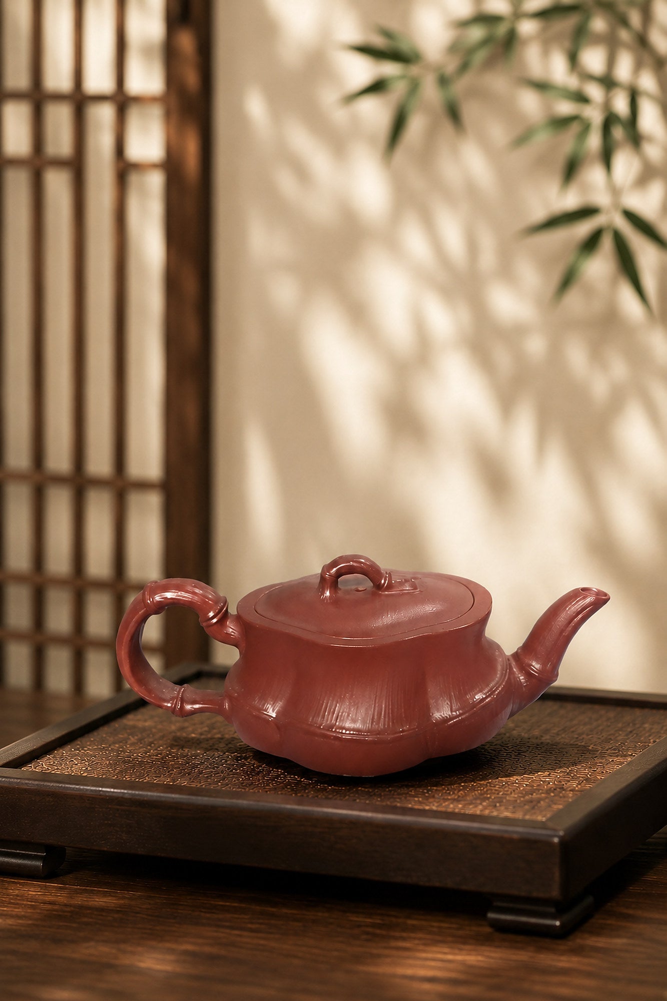 Bamboo Sculptural Form Yixing Zisha Teapot – Red Jiangponi Clay, 60ml