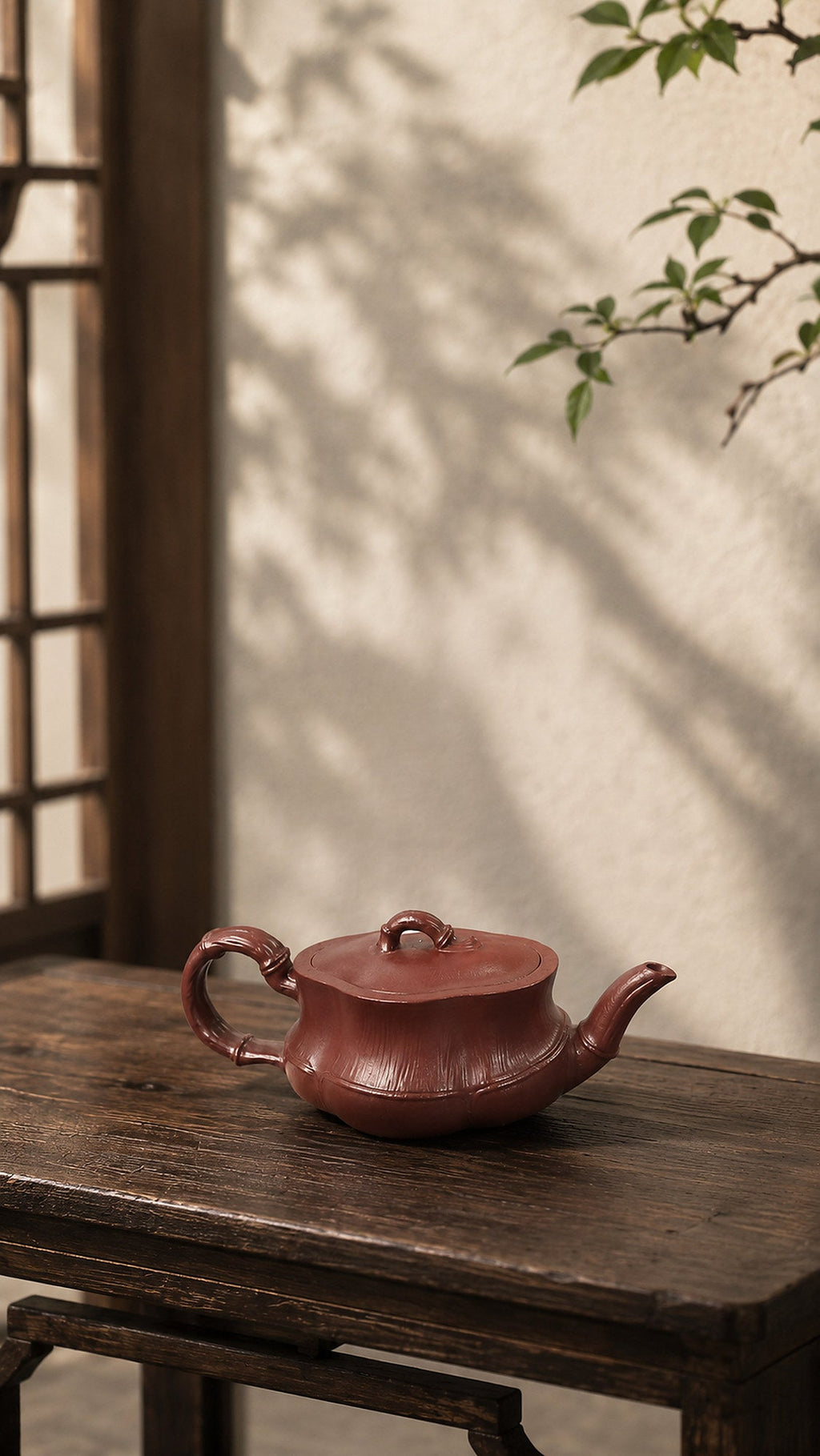 Bamboo Sculptural Form Yixing Zisha Teapot – Red Jiangponi Clay, 60ml