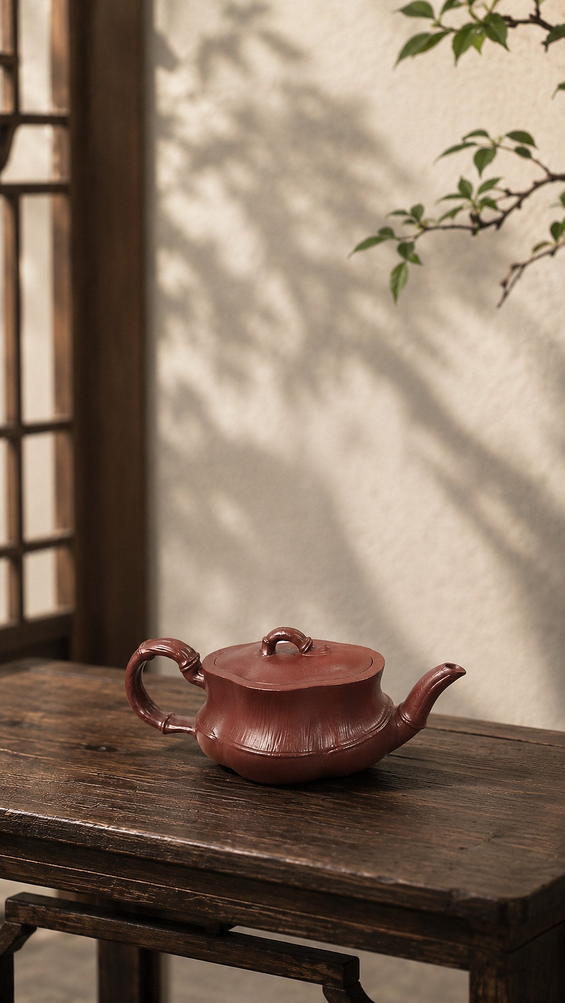 Bamboo Sculptural Form Yixing Zisha Teapot – Red Jiangponi Clay, 60ml