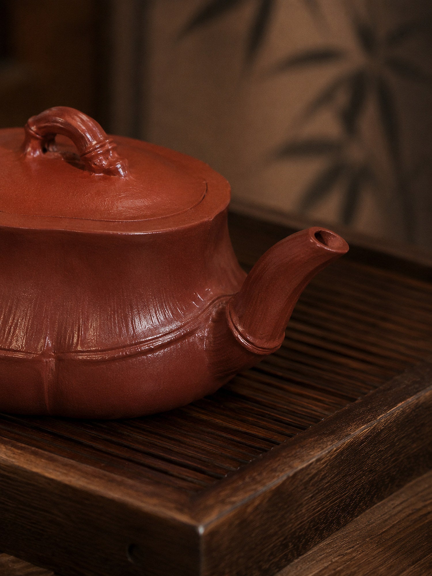 Bamboo Sculptural Form Yixing Zisha Teapot – Red Jiangponi Clay, 60ml