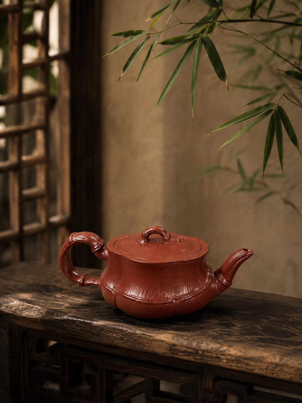 Bamboo Sculptural Form Yixing Zisha Teapot – Red Jiangponi Clay, 60ml