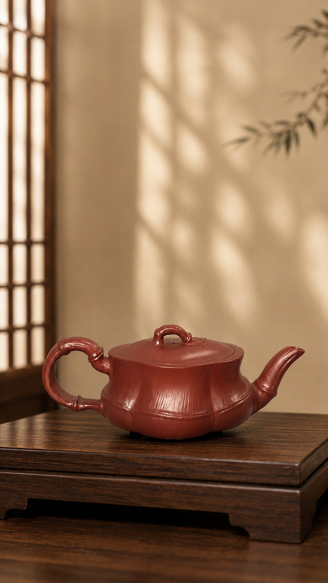 Bamboo Sculptural Form Yixing Zisha Teapot – Red Jiangponi Clay, 60ml
