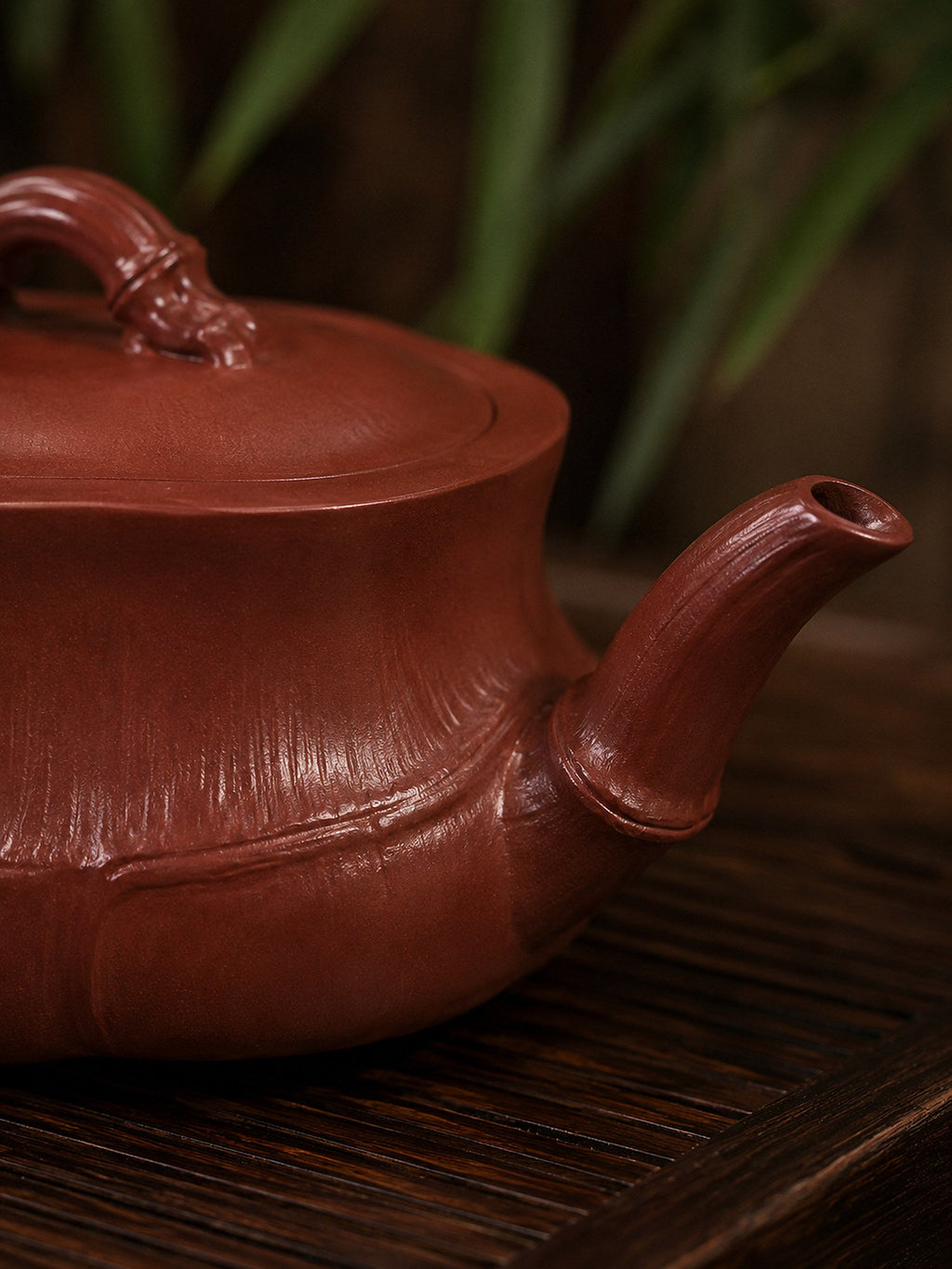 Bamboo Sculptural Form Yixing Zisha Teapot – Red Jiangponi Clay, 60ml