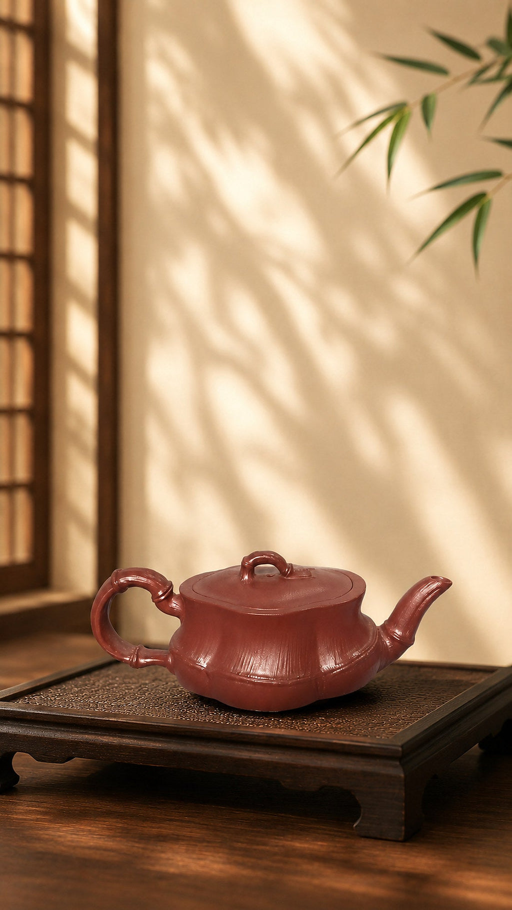 Bamboo Sculptural Form Yixing Zisha Teapot – Red Jiangponi Clay, 60ml