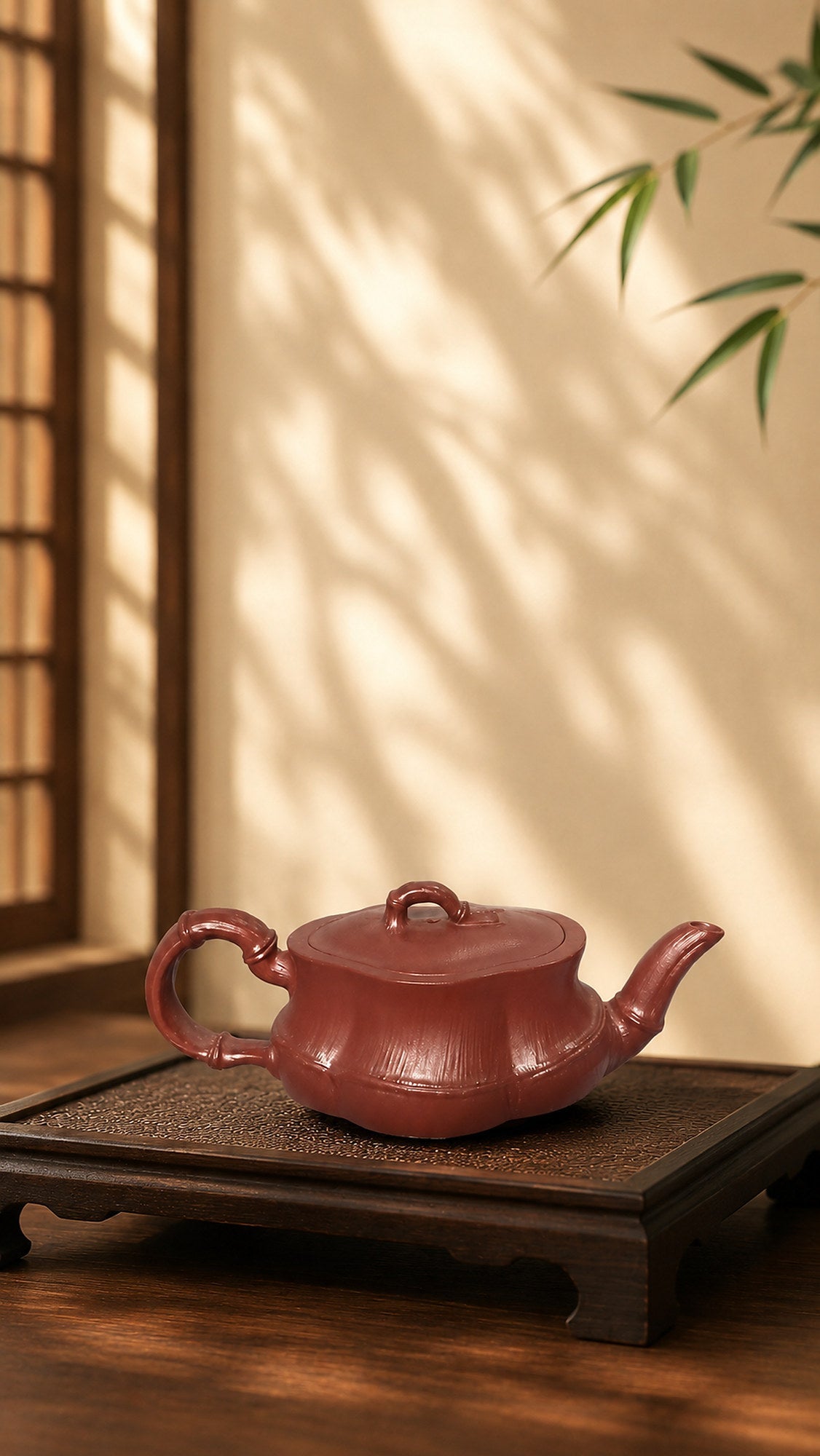 Bamboo Sculptural Form Yixing Zisha Teapot – Red Jiangponi Clay, 60ml