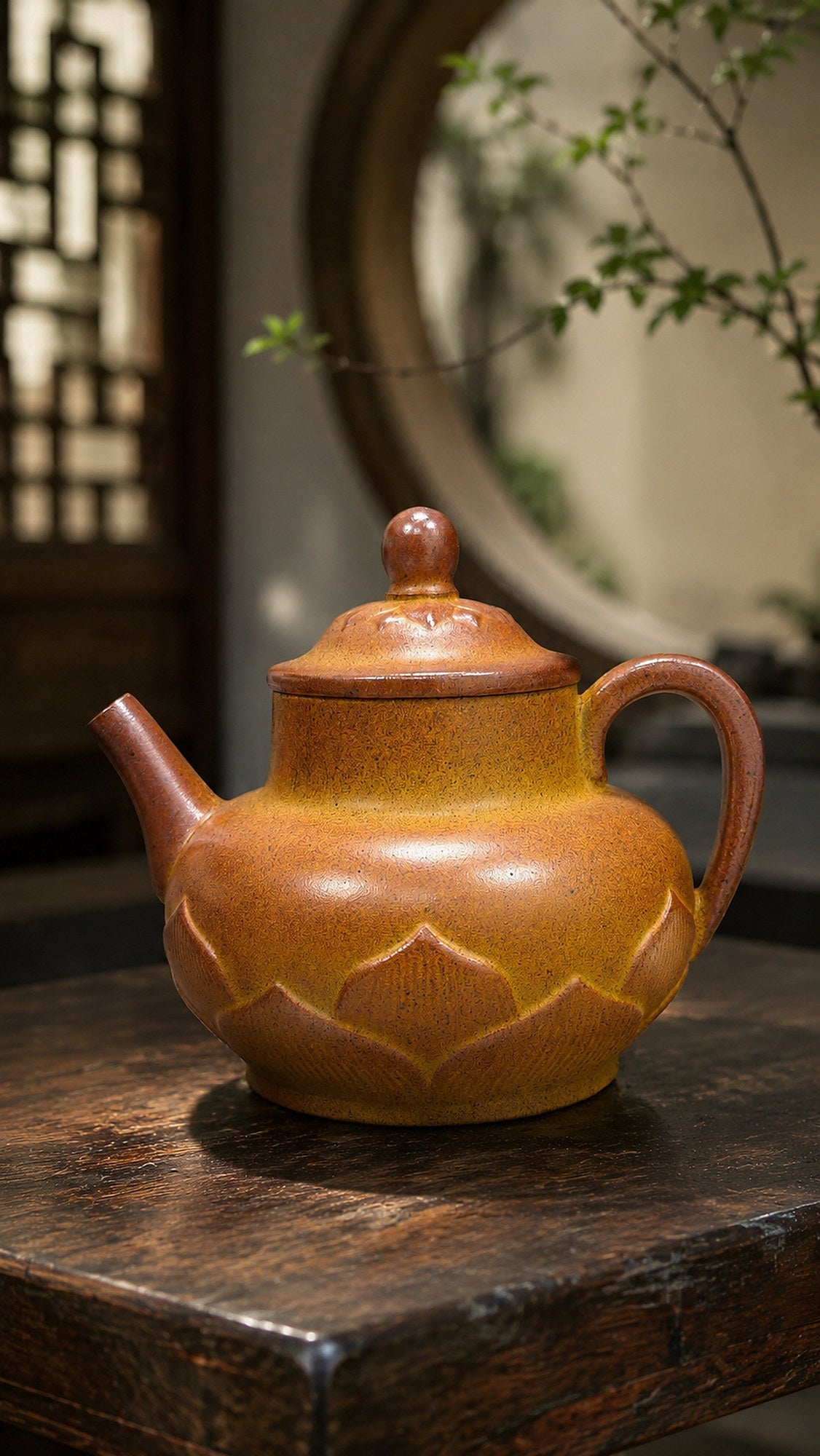 Lotus Pedestal Yixing Zisha Teapot – Golden Duanni Clay, 200ml