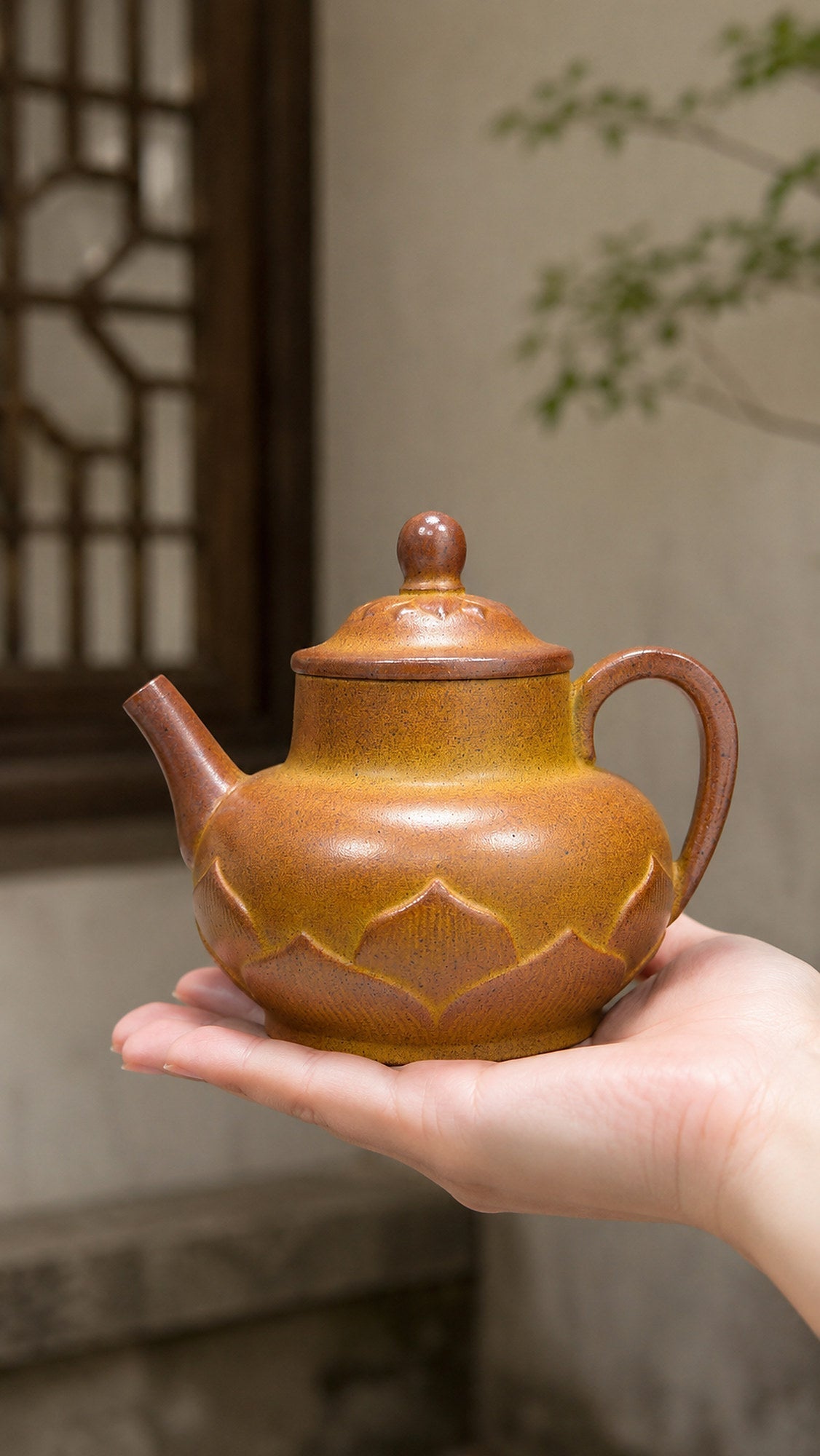 Lotus Pedestal Yixing Zisha Teapot – Golden Duanni Clay, 200ml