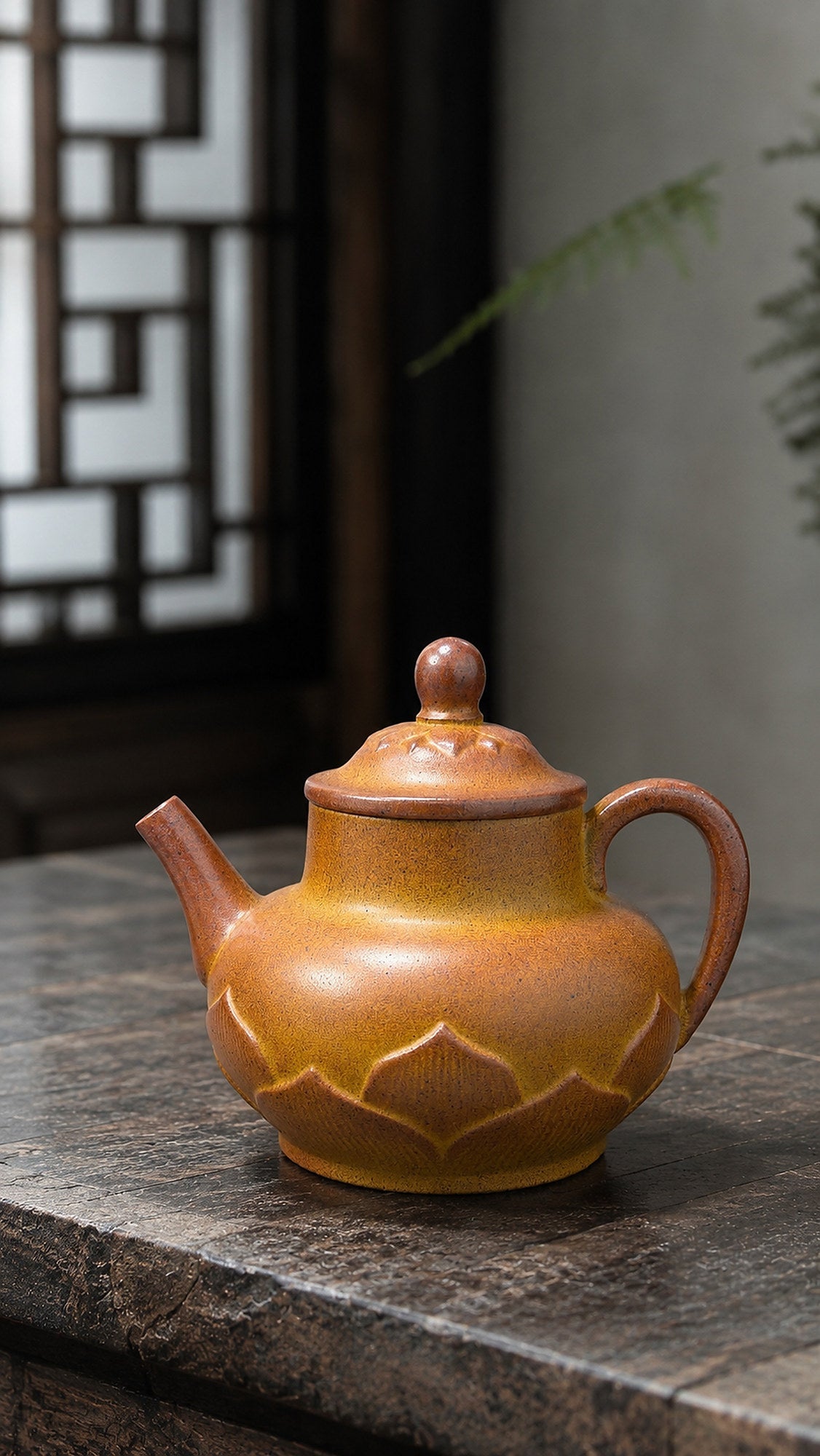 Lotus Pedestal Yixing Zisha Teapot – Golden Duanni Clay, 200ml
