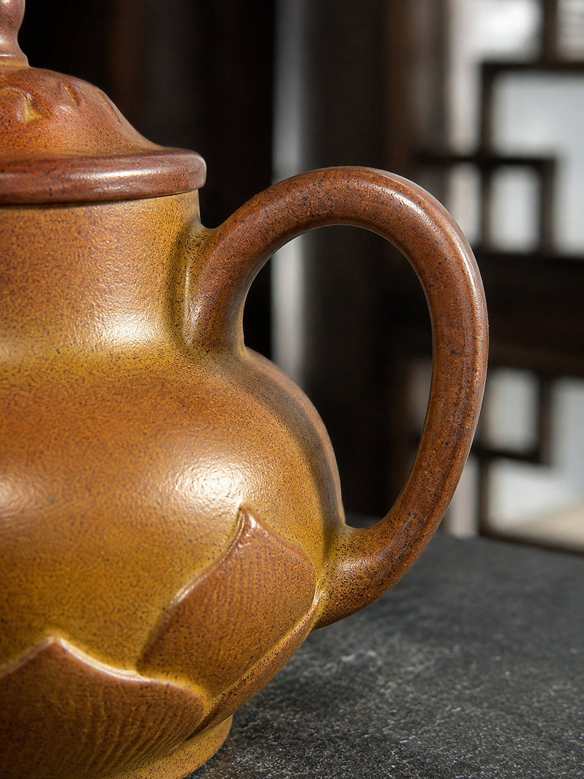 Lotus Pedestal Yixing Zisha Teapot – Golden Duanni Clay, 200ml