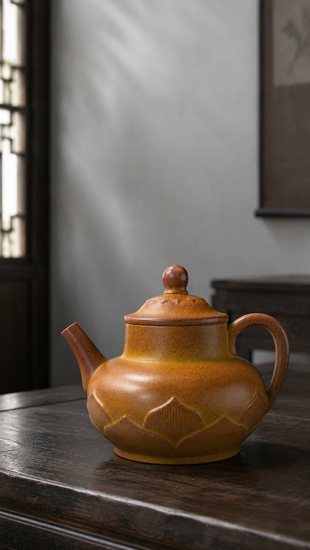 Lotus Pedestal Yixing Zisha Teapot – Golden Duanni Clay, 200ml