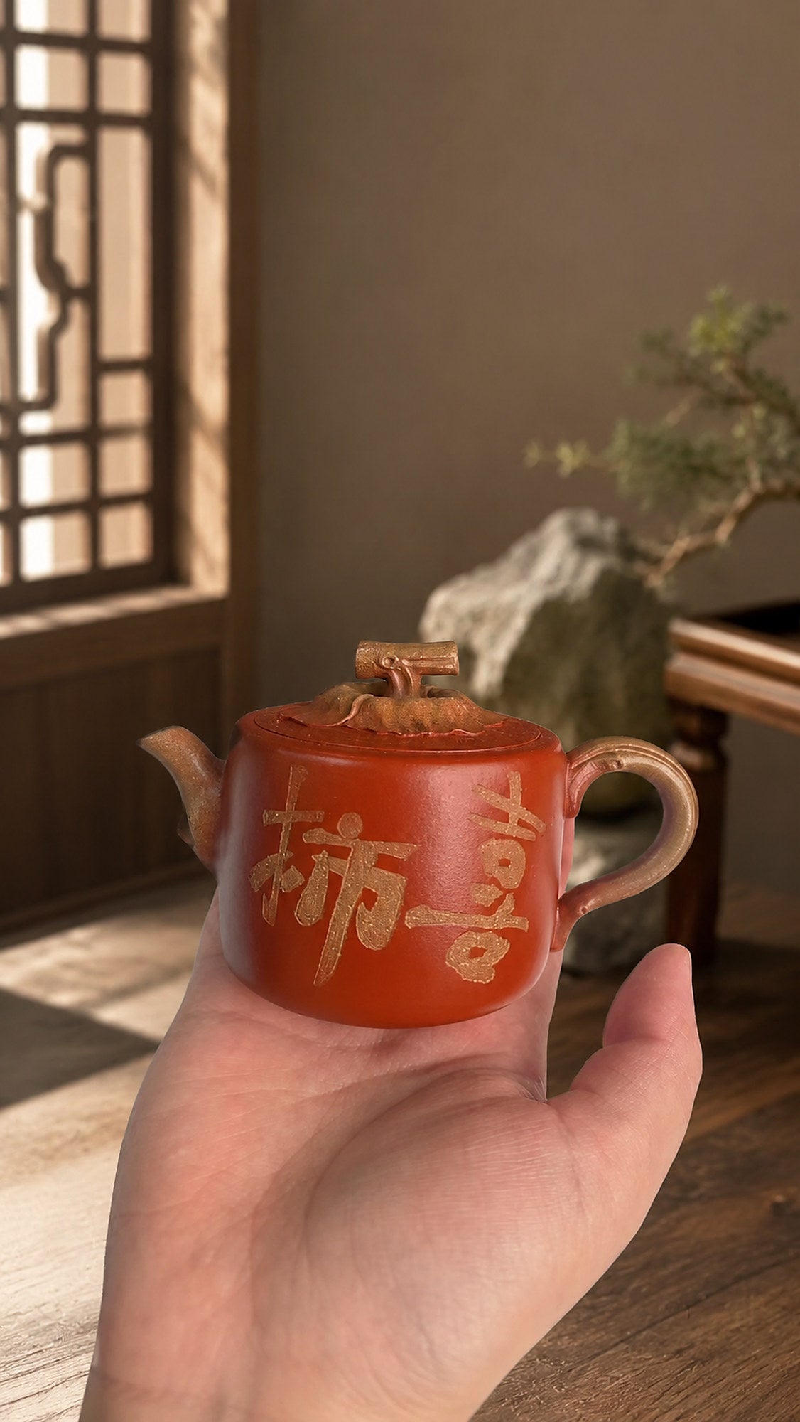 Persimmon Sculptural Form Yixing Zisha Teapot – Aged Duanni Clay, 130ml