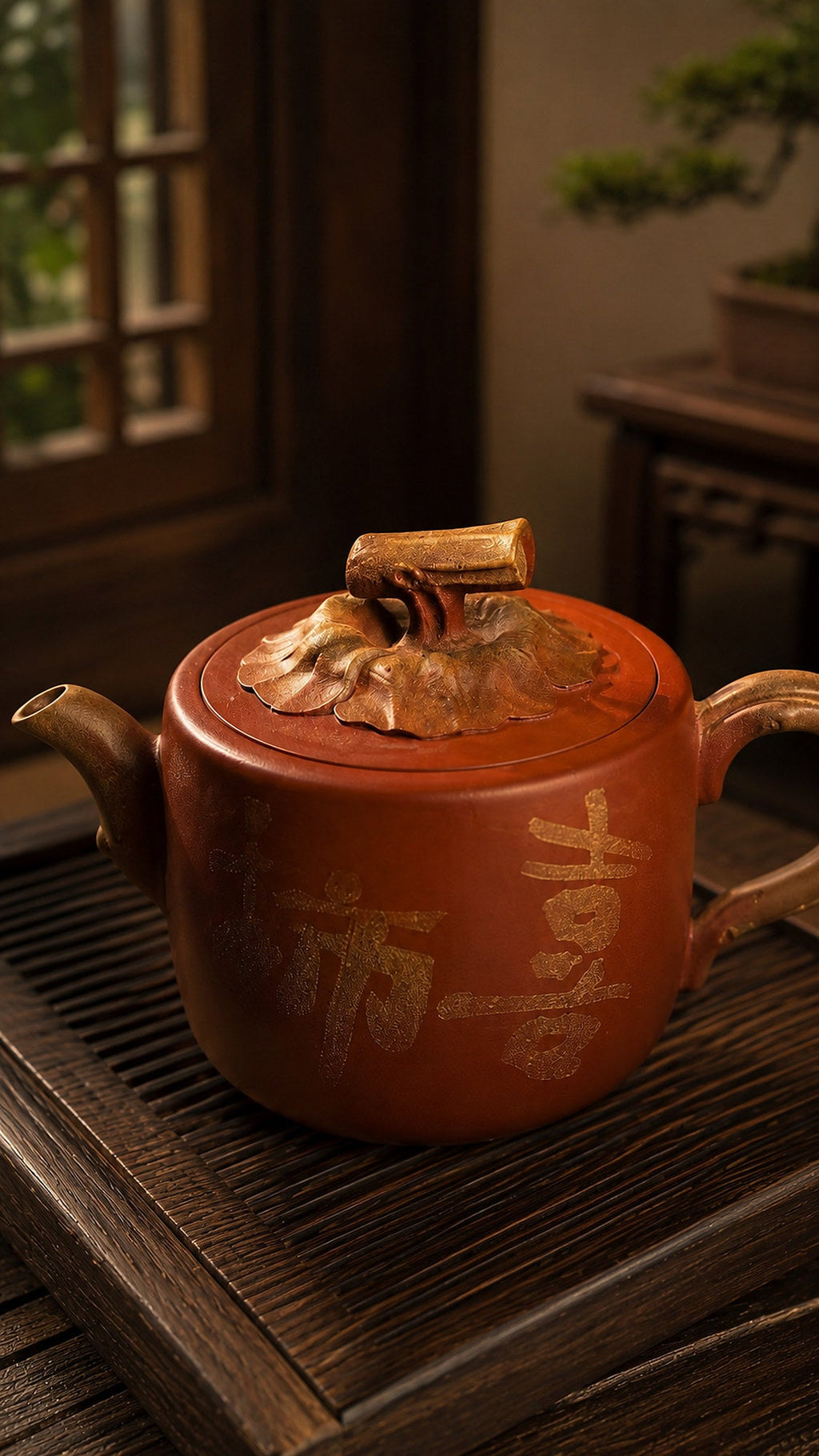 Persimmon Sculptural Form Yixing Zisha Teapot – Aged Duanni Clay, 130ml