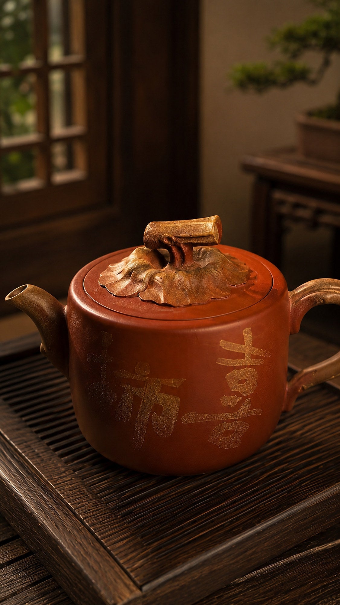Persimmon Sculptural Form Yixing Zisha Teapot – Aged Duanni Clay, 130ml