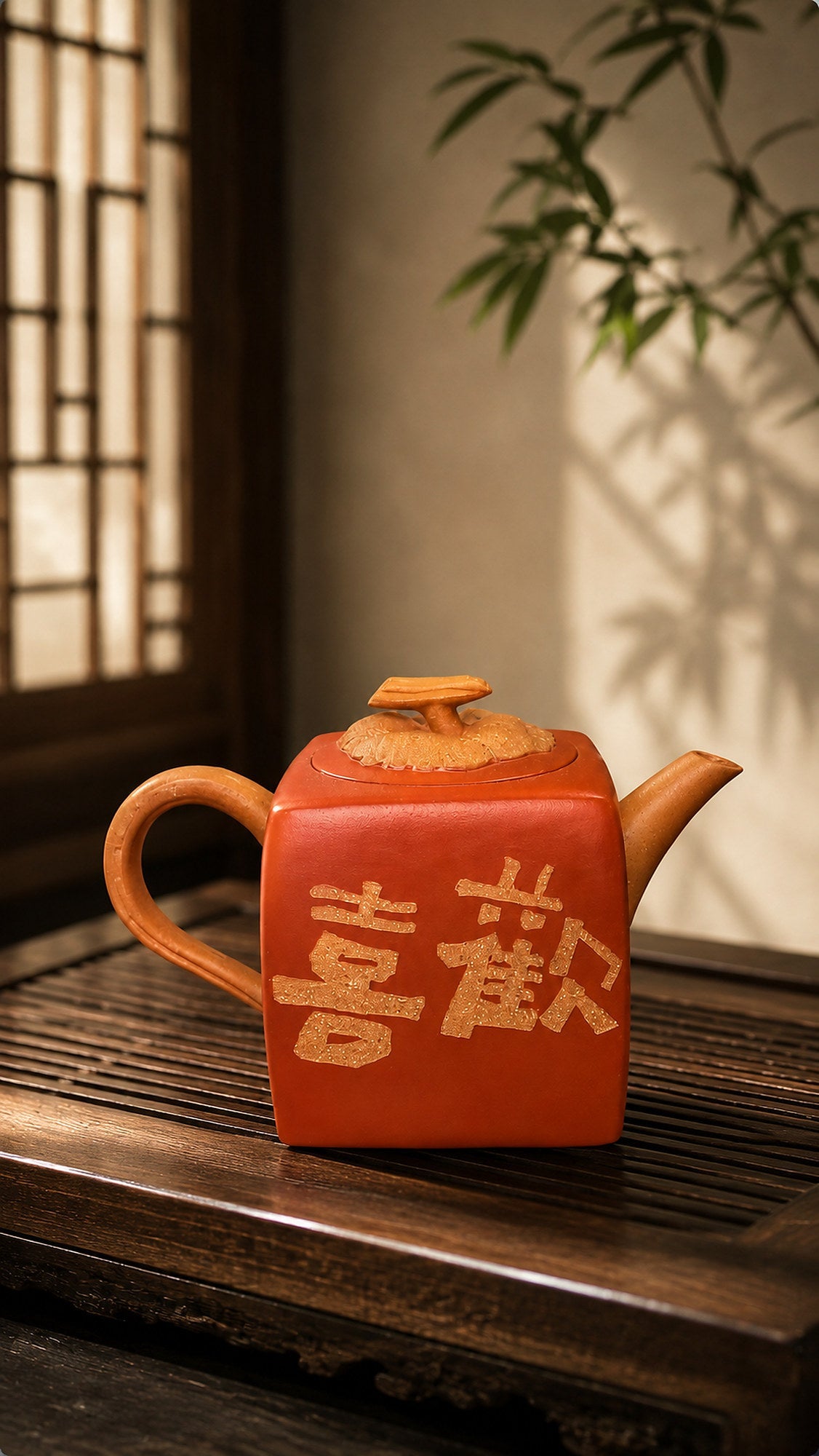 Persimmon Square Sculptural Form Yixing Zisha Teapot – Aged Duanni Clay, 160ml