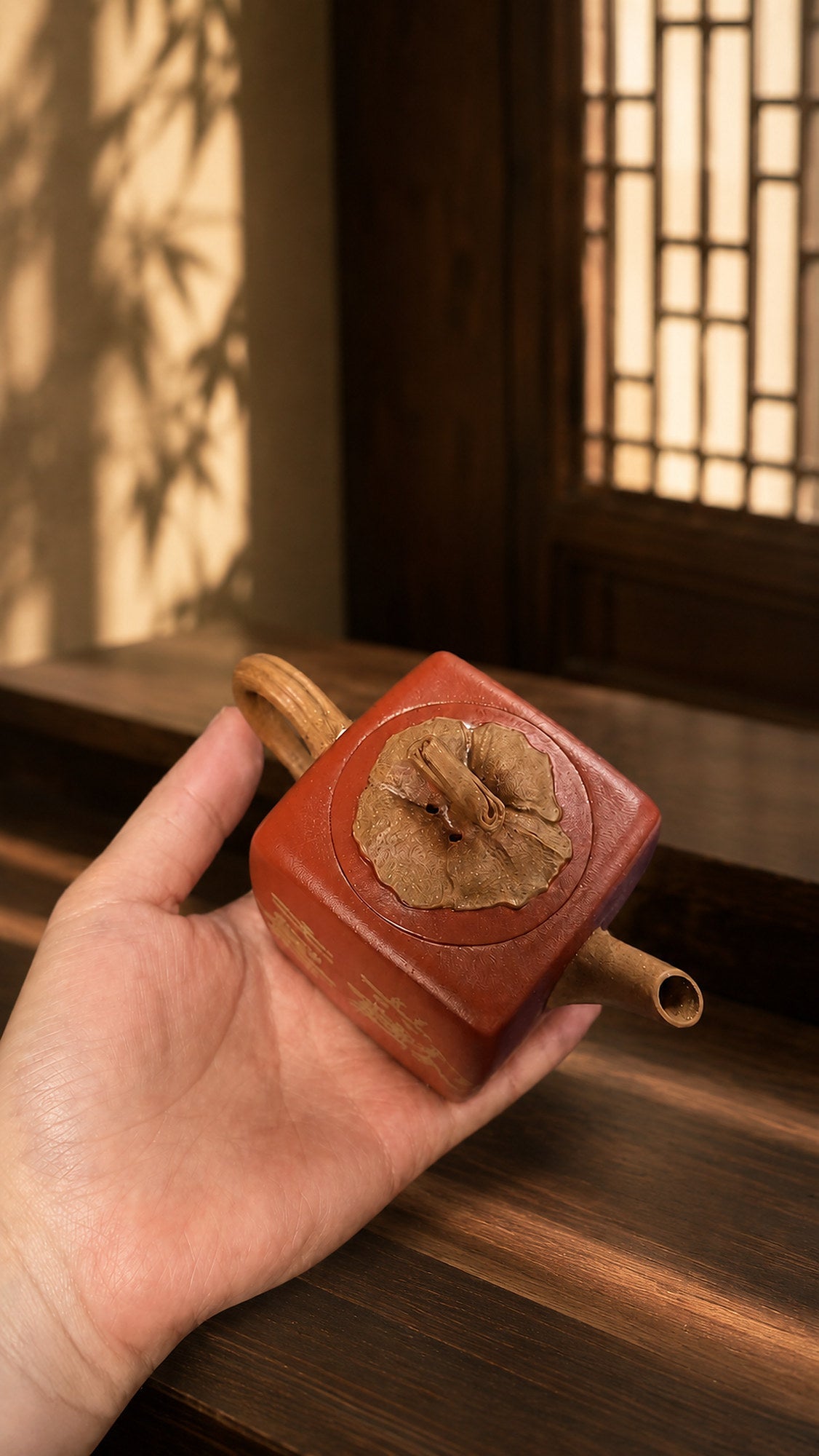 Persimmon Square Sculptural Form Yixing Zisha Teapot – Aged Duanni Clay, 160ml