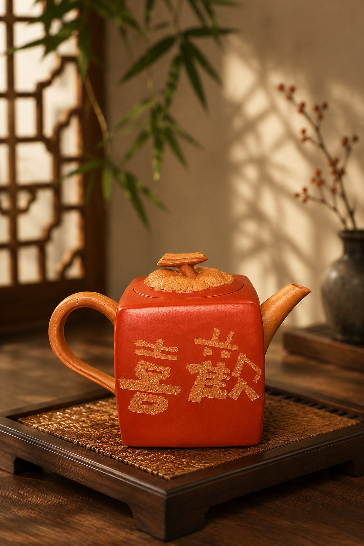 Persimmon Square Sculptural Form Yixing Zisha Teapot – Aged Duanni Clay, 160ml