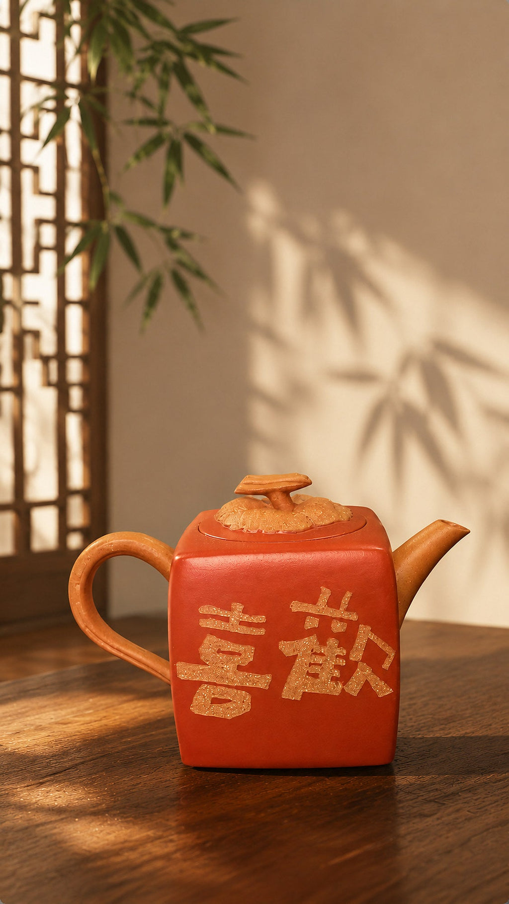 Persimmon Square Sculptural Form Yixing Zisha Teapot – Aged Duanni Clay, 160ml