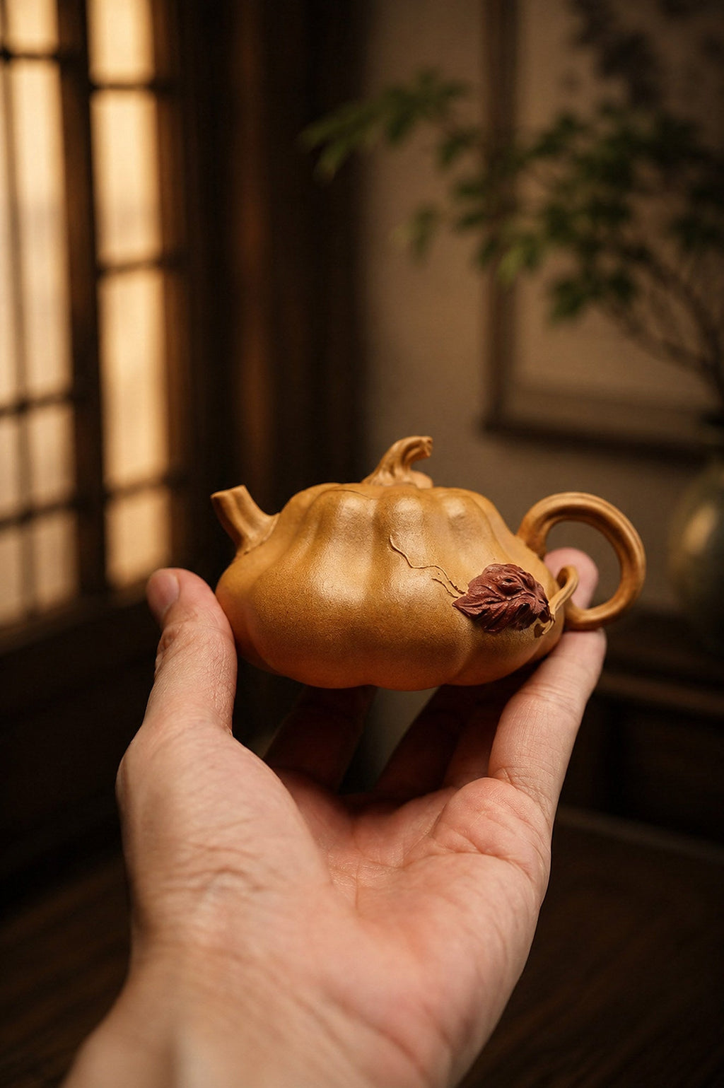 Handmade Pumpkin Form Yixing Zisha Teapot – Golden Duanni Clay, 135ml