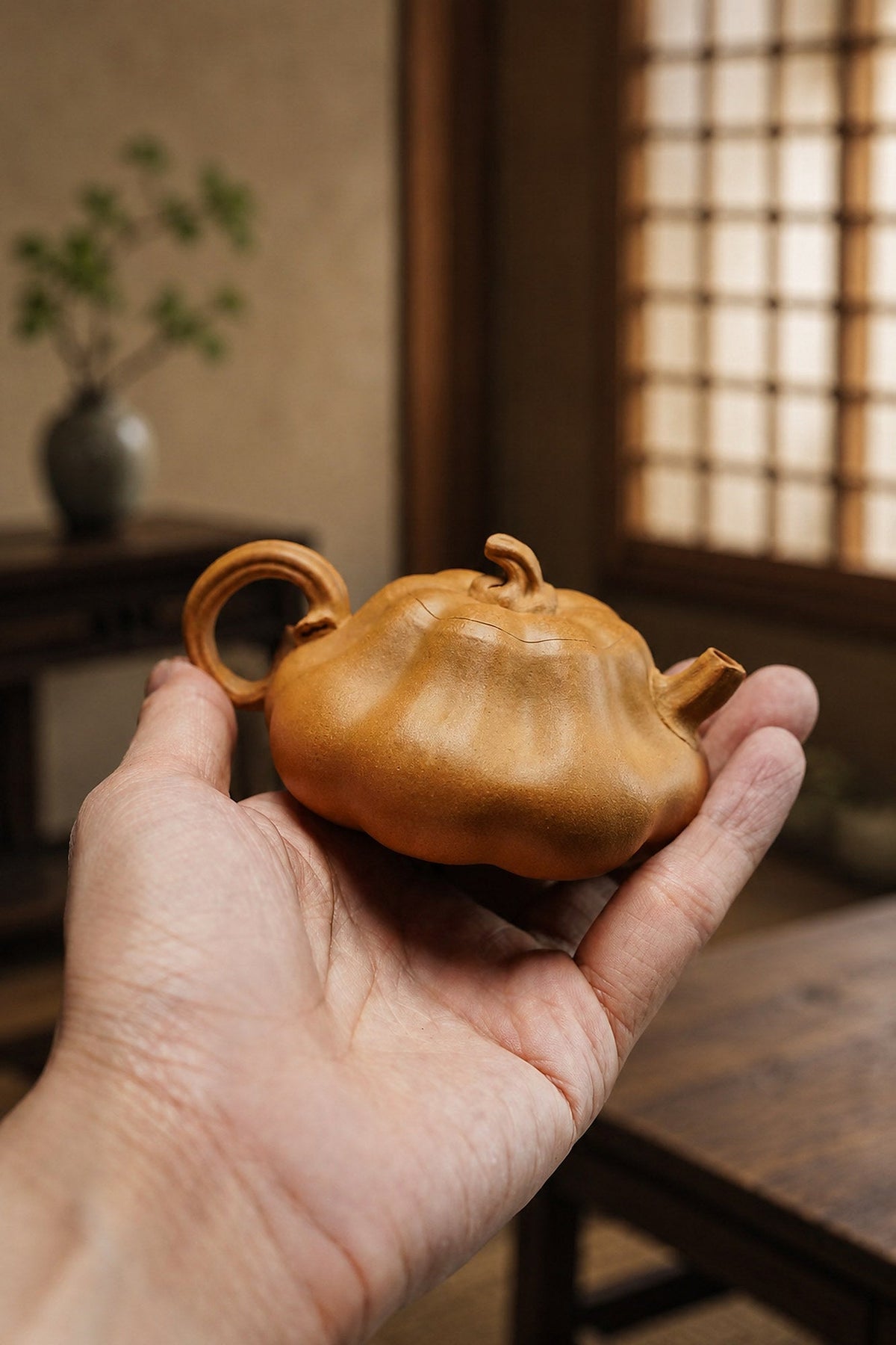 Handmade Pumpkin Form Yixing Zisha Teapot – Golden Duanni Clay, 135ml