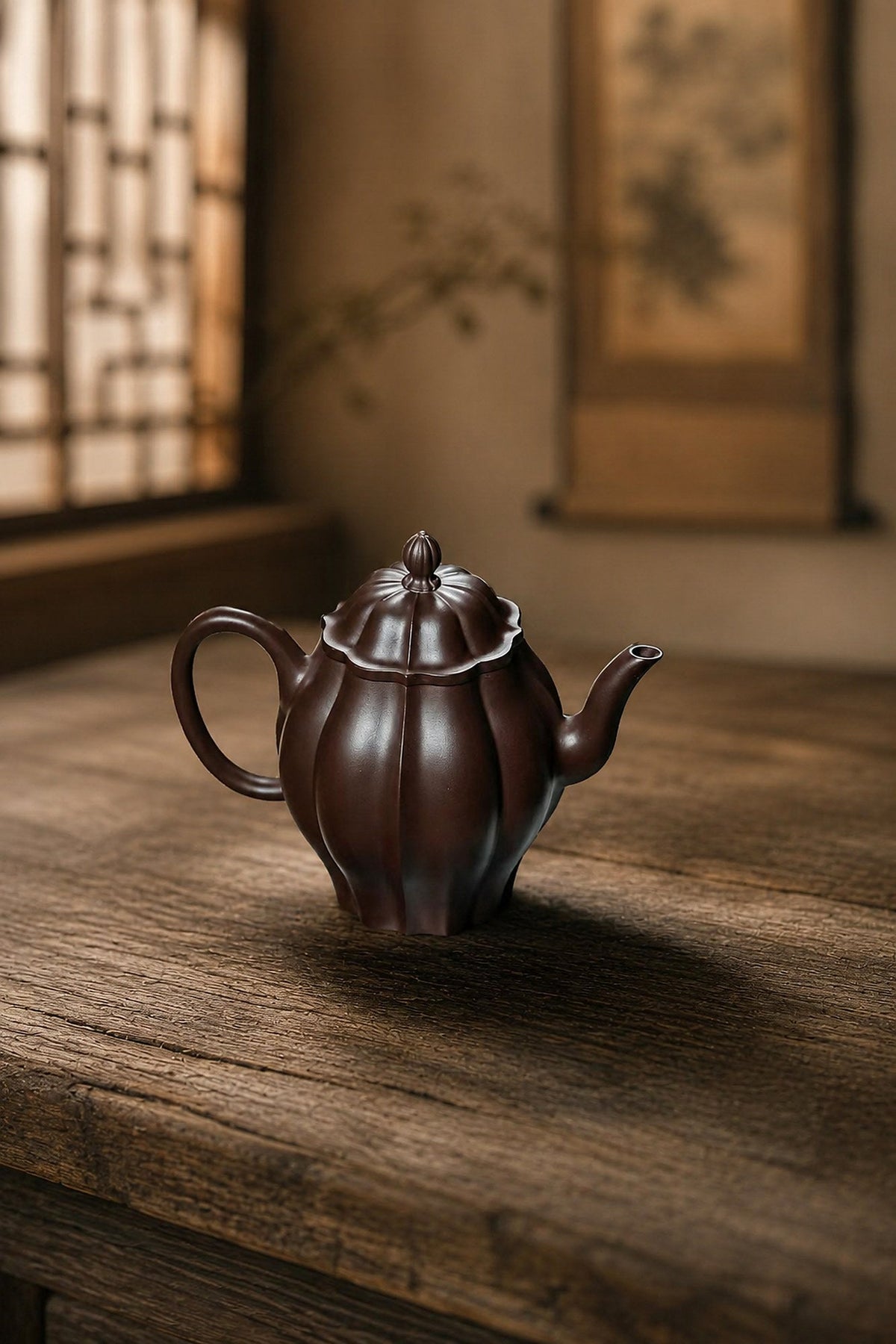 Handmade Ribbed Form Yixing Zisha Teapot – Aged Zini Clay, 150ml
