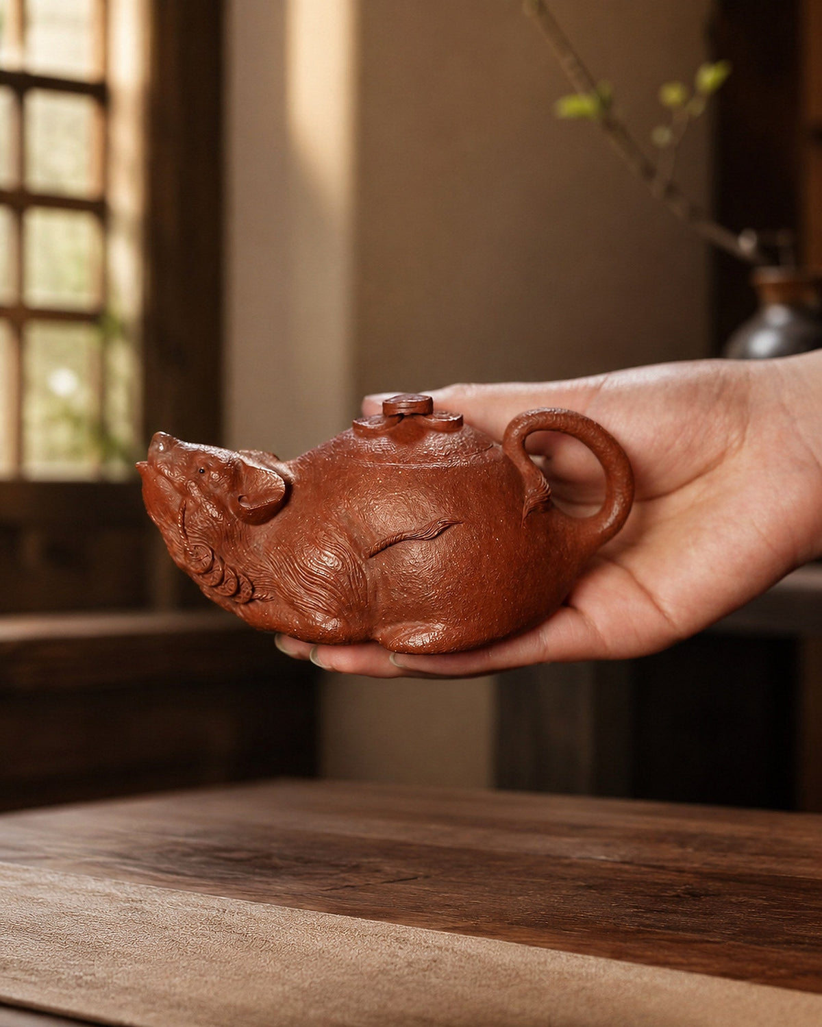 Handmade Sculptural Form Yixing Zisha Teapot – Red Jiangponi Clay, 135ml