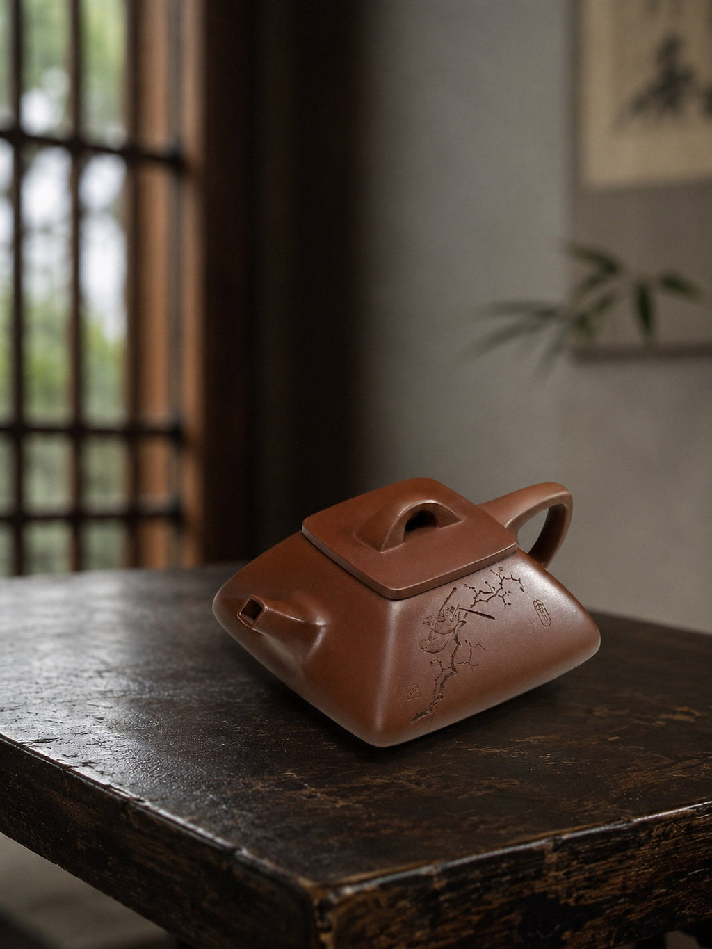 Handmade Square Form Yixing Zisha Teapot – Aged Zini Clay, 140ml