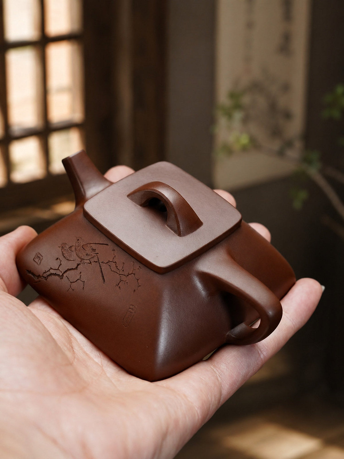 Handmade Square Form Yixing Zisha Teapot – Aged Zini Clay, 140ml