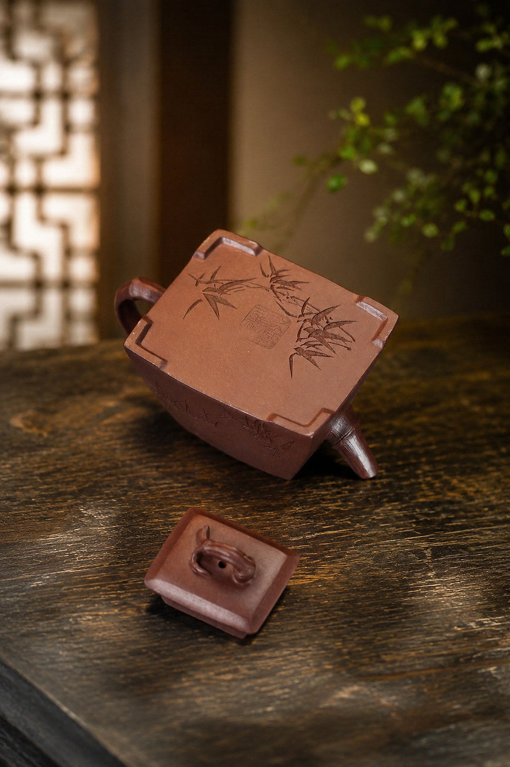 Handmade Square Form Yixing Zisha Teapot – Dicaoqing Zini Clay, 80ml