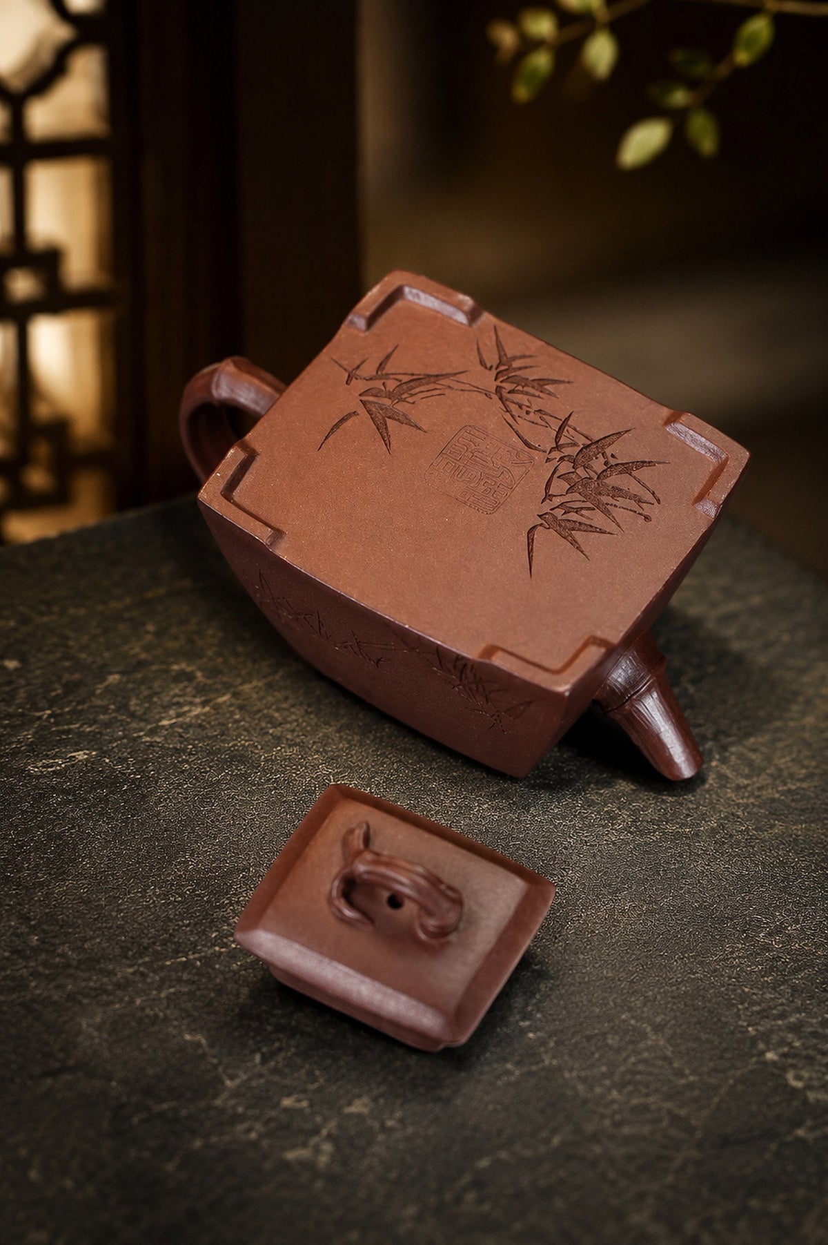 Handmade Square Form Yixing Zisha Teapot – Dicaoqing Zini Clay, 80ml