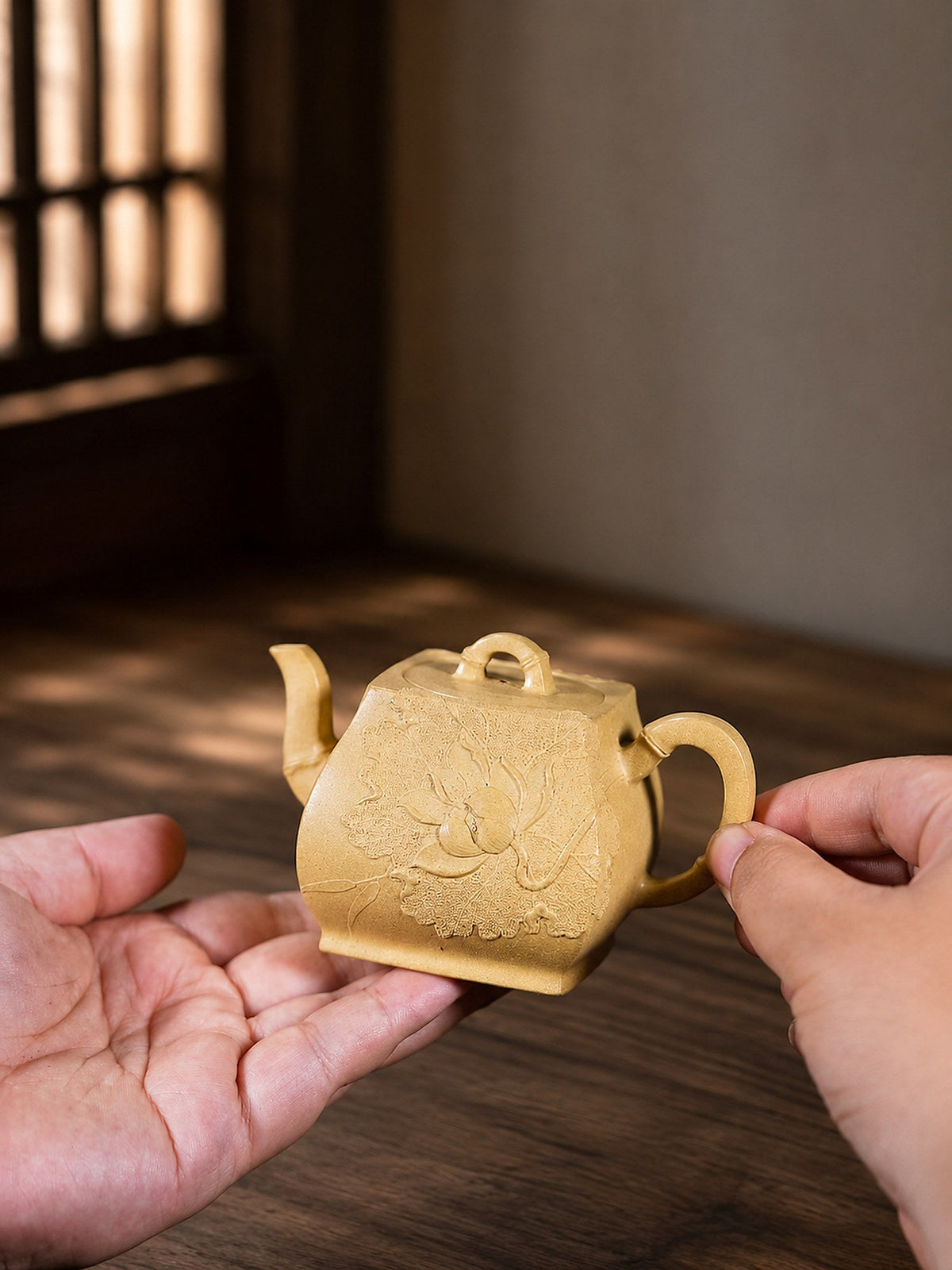 Handmade Square Form Yixing Zisha Teapot – Golden Duanni Clay, 180ml