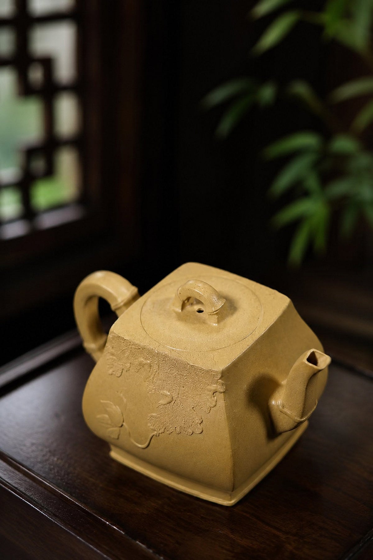 Handmade Square Form Yixing Zisha Teapot – Golden Duanni Clay, 180ml