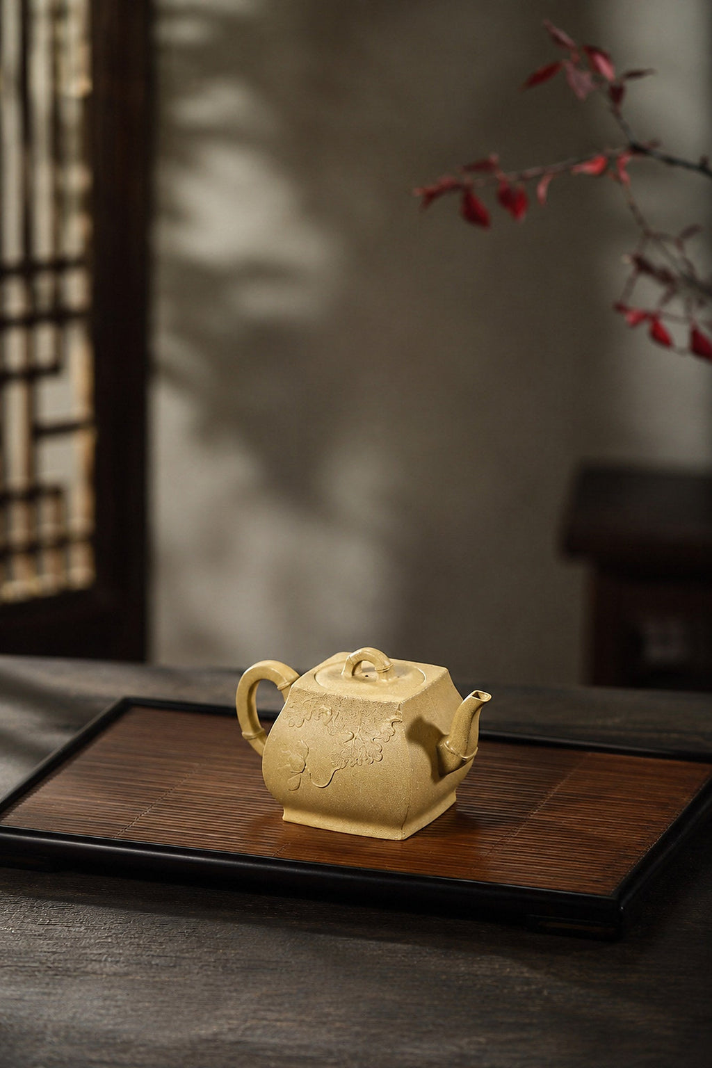 Handmade Square Form Yixing Zisha Teapot – Golden Duanni Clay, 180ml