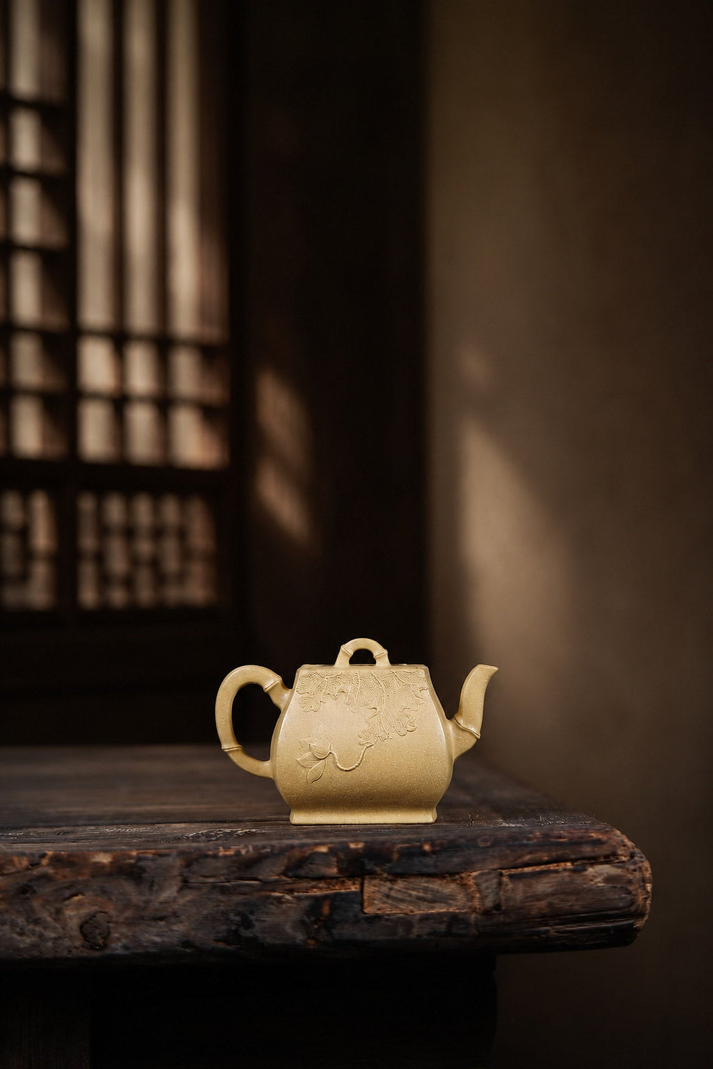 Handmade Square Form Yixing Zisha Teapot – Golden Duanni Clay, 180ml