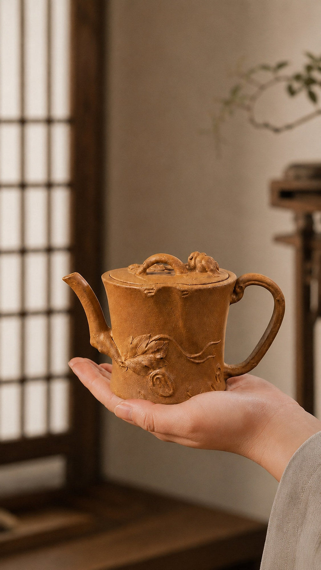 Tree-Trunk Sculptural Form Yixing Zisha Teapot – Yellow Jiangponi Clay, 130ml
