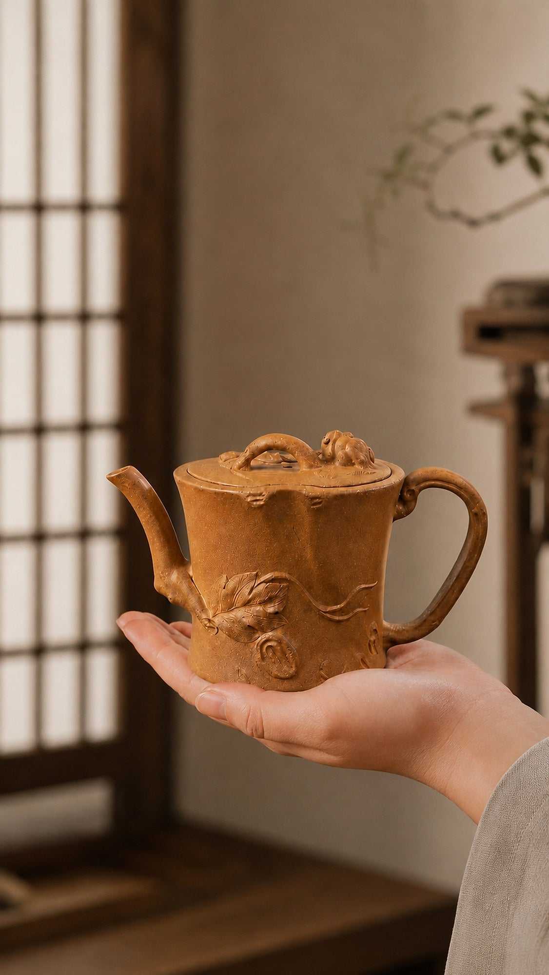 Tree-Trunk Sculptural Form Yixing Zisha Teapot – Yellow Jiangponi Clay, 130ml