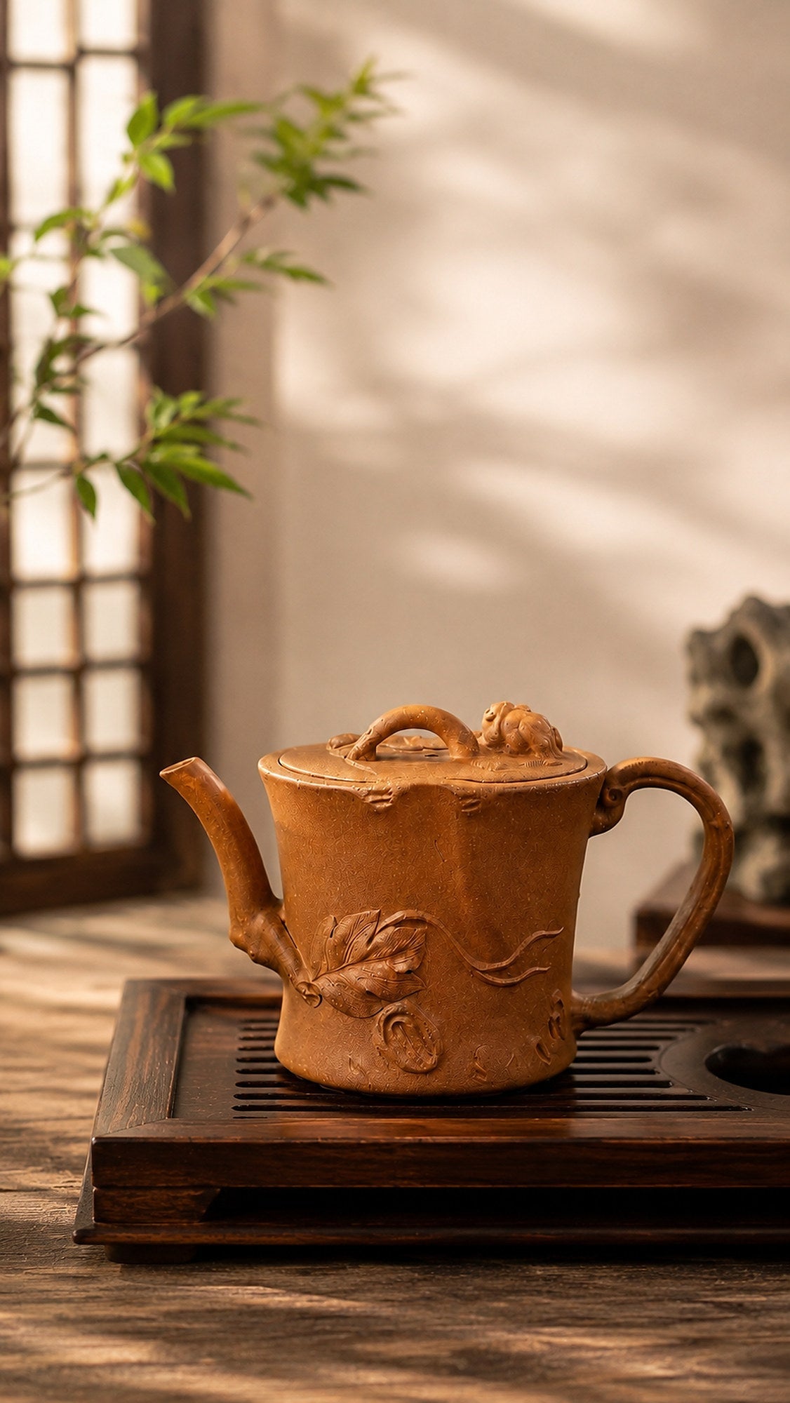 Tree-Trunk Sculptural Form Yixing Zisha Teapot – Yellow Jiangponi Clay, 130ml